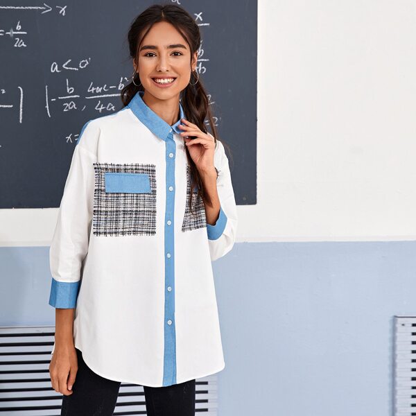 

Tweed Patched Contrast Placket Blouse, White