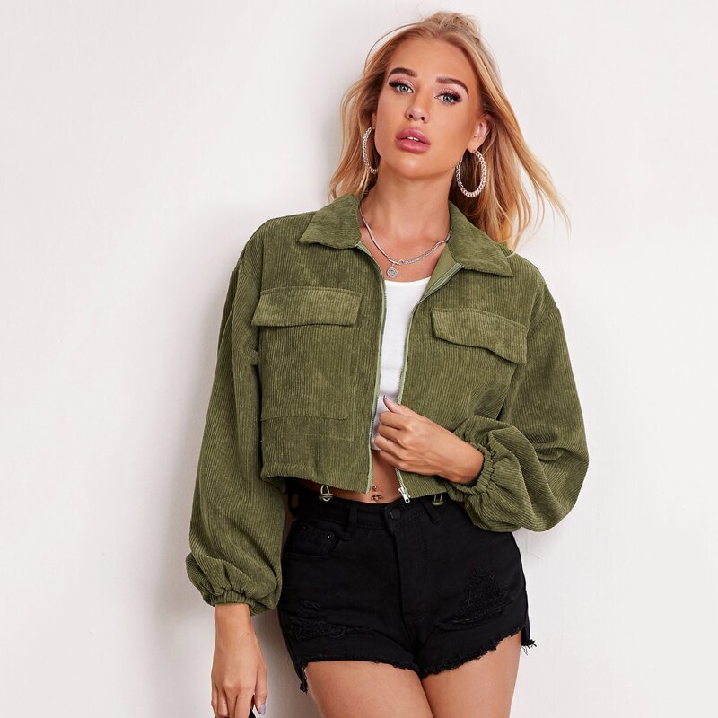 

Flap Pocket Front Drawstring Hem Cord Jacket, Army green