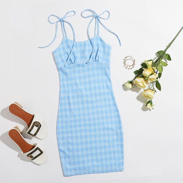 

Tie Shoulder Plaid Dress, Baby blue