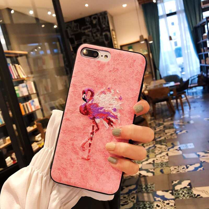

Flamingo Embroidery iPhone Case, Pink