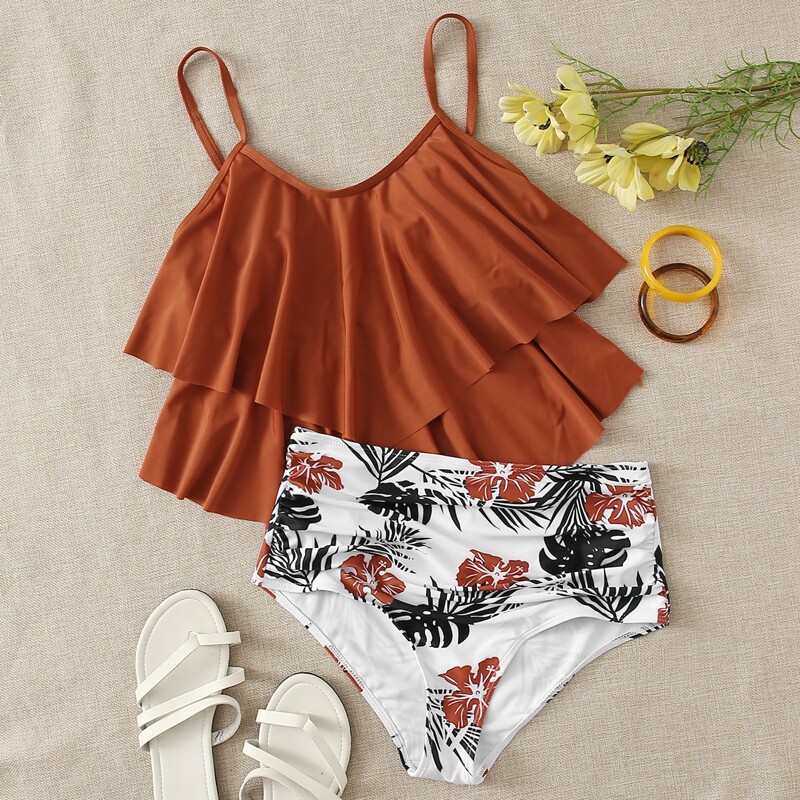 

Tropical Tiered Layer High Waisted Bikini Swimsuit, Multicolor