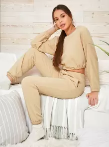 SHEIN Drop Shoulder Drawstring Hem Pullover & Sweatpants Set - Apricot - View 1