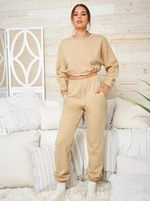 SHEIN Drop Shoulder Drawstring Hem Pullover & Sweatpants Set - Apricot - View 3