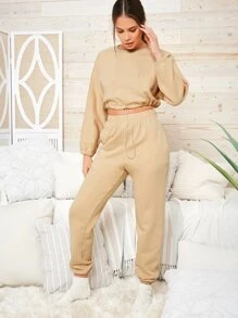 SHEIN Drop Shoulder Drawstring Hem Pullover & Sweatpants Set - Apricot - View 4