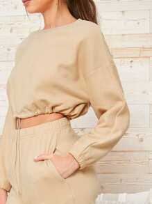 SHEIN Drop Shoulder Drawstring Hem Pullover & Sweatpants Set - Apricot - View 5