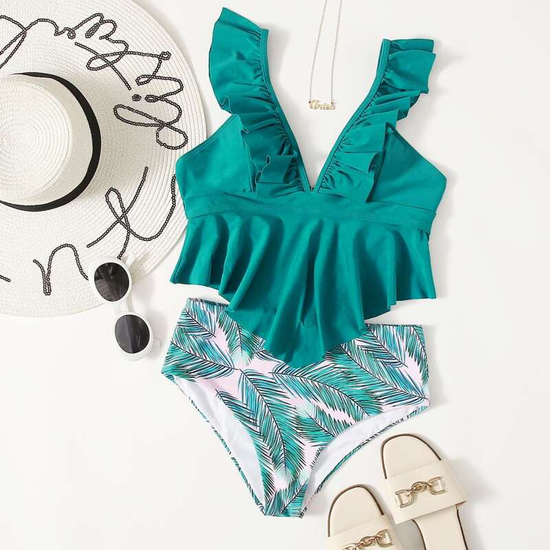 

Tropical Ruffle Hanky Hem High Waisted Bikini Swimsuit, Green
