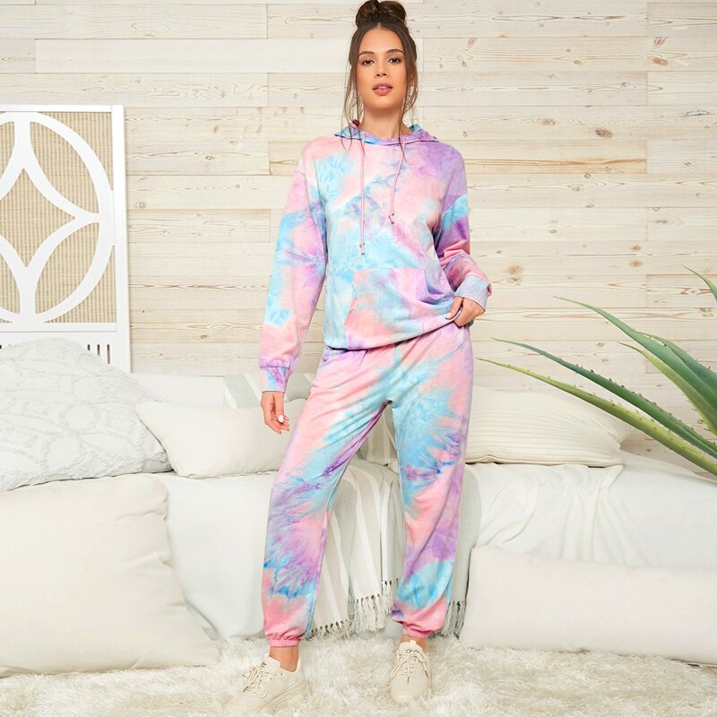 

Tie Dye Drawstring Hooded Sweatshirt & Pants Set, Multicolor