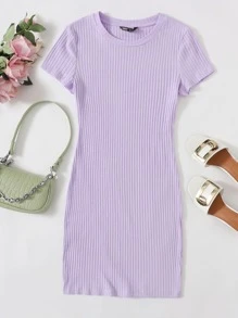 SHEIN EZwear 素色羅紋針織包臀洋裝 - 紫丁香色 - 查看 1