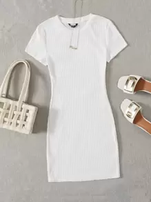SHEIN EZwear 素色羅紋針織包臀洋裝 - 白色 - 查看 1