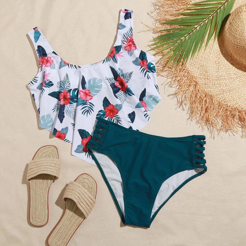 

Floral & Tropical Hanky Hem High Waisted Bikini Swimsuit, Multicolor