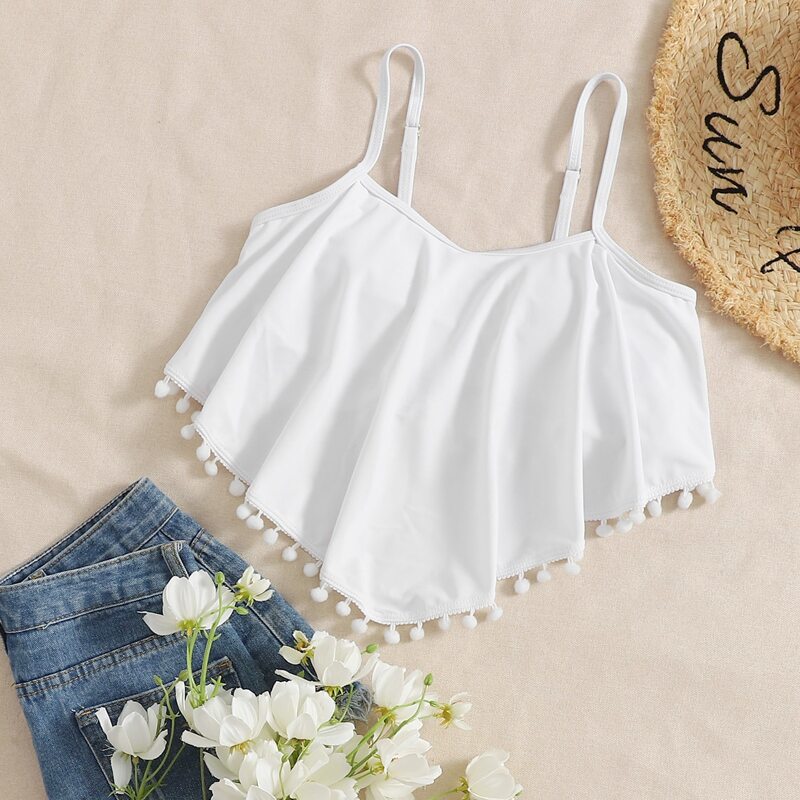 

Pom-pom Hanky Hem Bikini Top, White