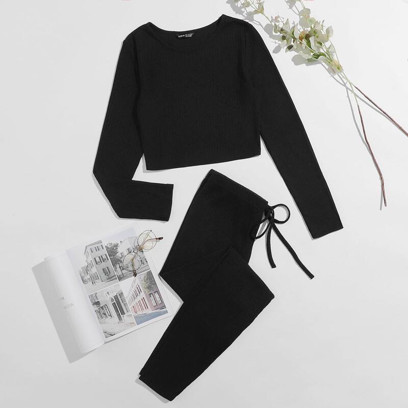 

Solid Rib-knit Crop Tee and Knot Waist Leggings Set, Black