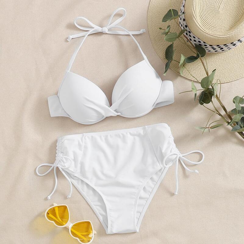 

Push Up Underwire Twist Halter Tie Side Bikini Swimsuit, White