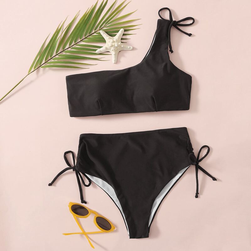 

Drawstring Side One Shoulder Bikini Swimsuit, Chocolate brown