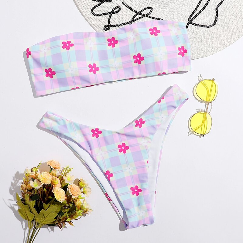 

Floral & Plaid High Leg Bikini Swimsuit, Multicolor