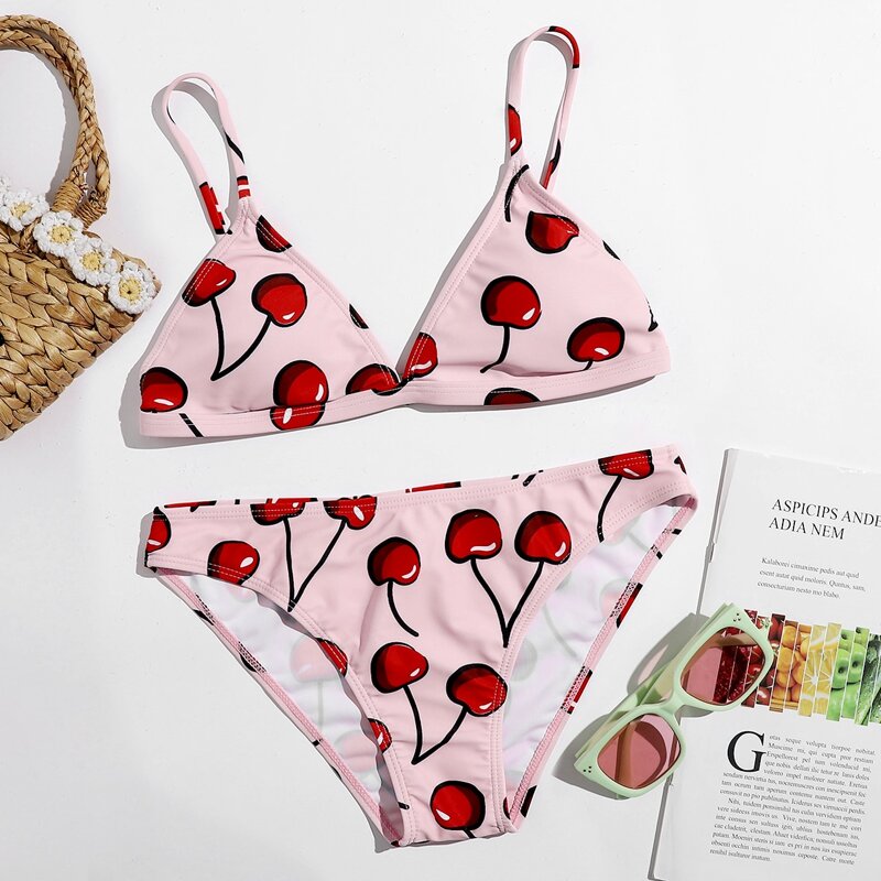 

Cherry Print Triangle Bikini Swimsuit, Pastel baby pink