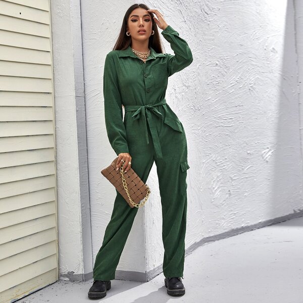 

Button Front Slant Pocket Belted Jumpsuit, Green