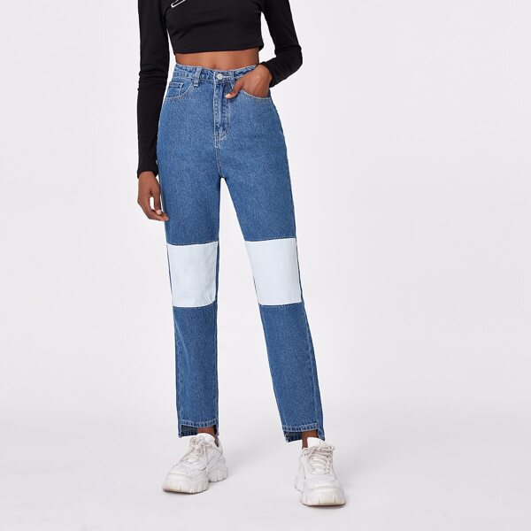 

High Rise High Low Hem Color Block Jeans, Medium wash