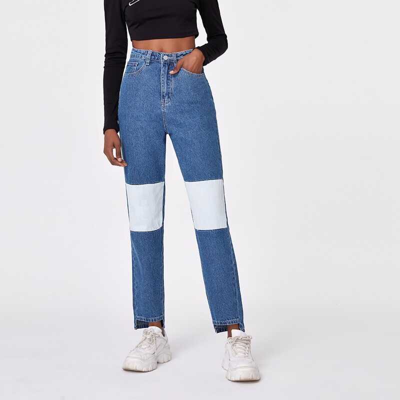 

High Rise High Low Hem Color Block Jeans, Medium wash