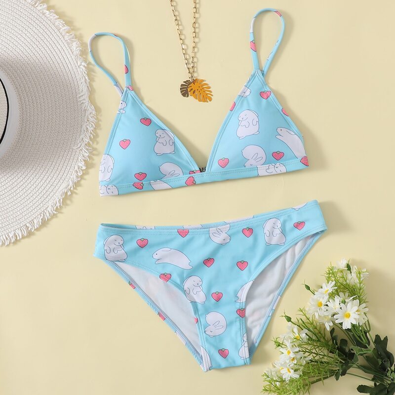 

Cartoon Rabbit Triangle Bikini Swimsuit, Baby blue