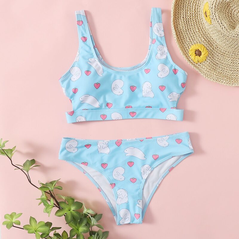 

Cartoon Rabbit Tank Bikini Swimsuit, Baby blue
