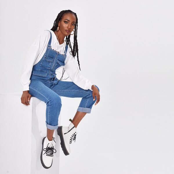 

Zip Up Pocket Patched Denim Overalls, Medium wash