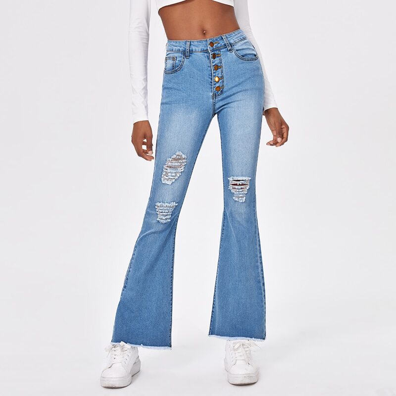 

Button Front Raw Hem Ripped Jeans, Medium wash