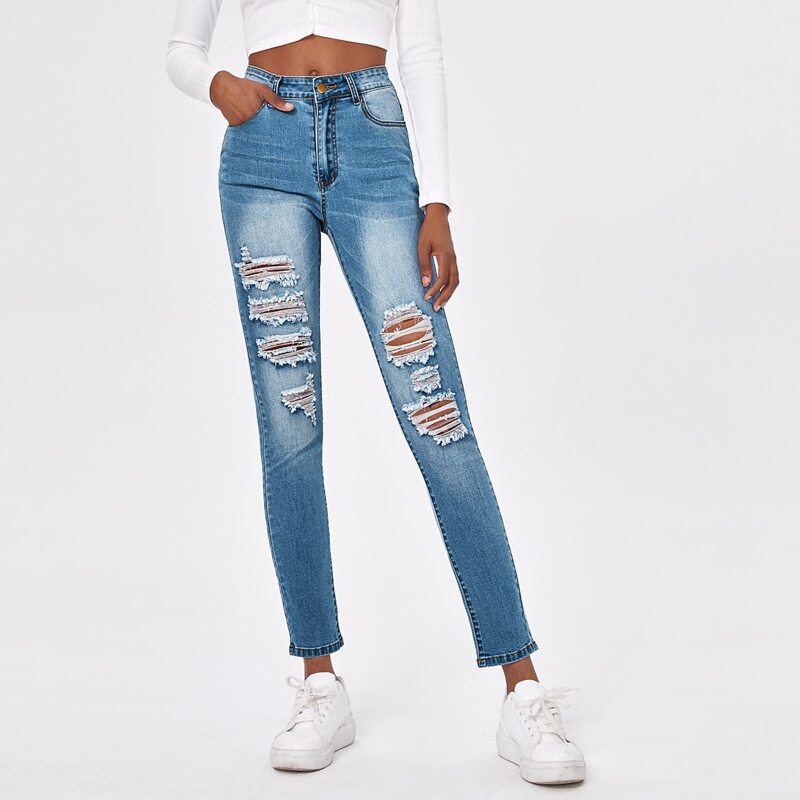 Ripped Detail Skinny Jeans, Light wash
