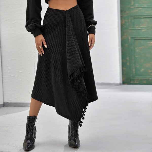 

Tassel Trim Wrap Skirt, Black
