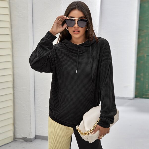 

Drop Shoulder Drawstring Hoodie, Black