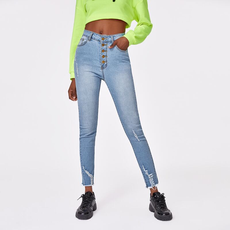 

Button Front Raw Hem Ripped Jeans, Light wash