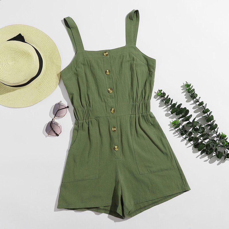 

Solid Button Front Cami Romper, Army green
