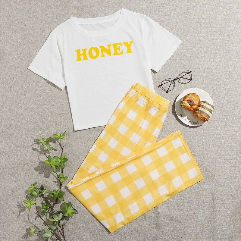 

Letter & Gingham Pattern PJ Set, Multicolor