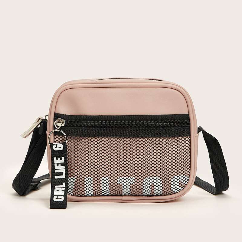 

Letter Mesh Pocket Crossbody Bag, Pastel baby pink