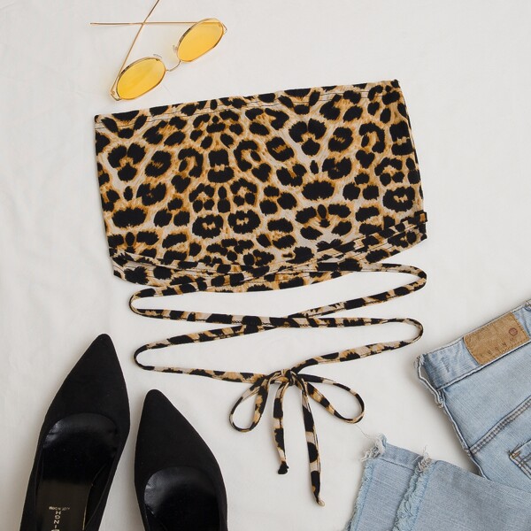 

Leopard Print Tie Front Crop Tube Top, Multicolor