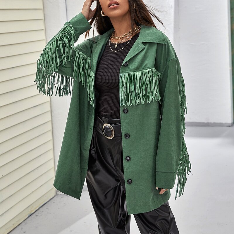 

Button Front Fringe Hem Coat, Green