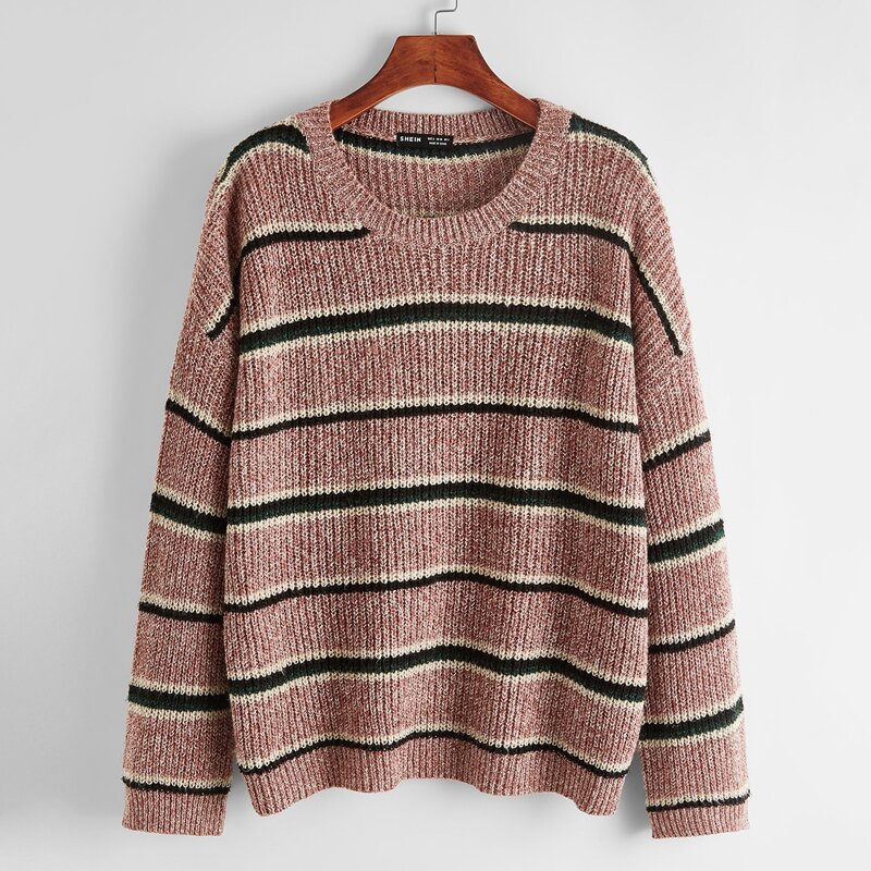 

Drop Shoulder Striped Sweater, Dusty pink