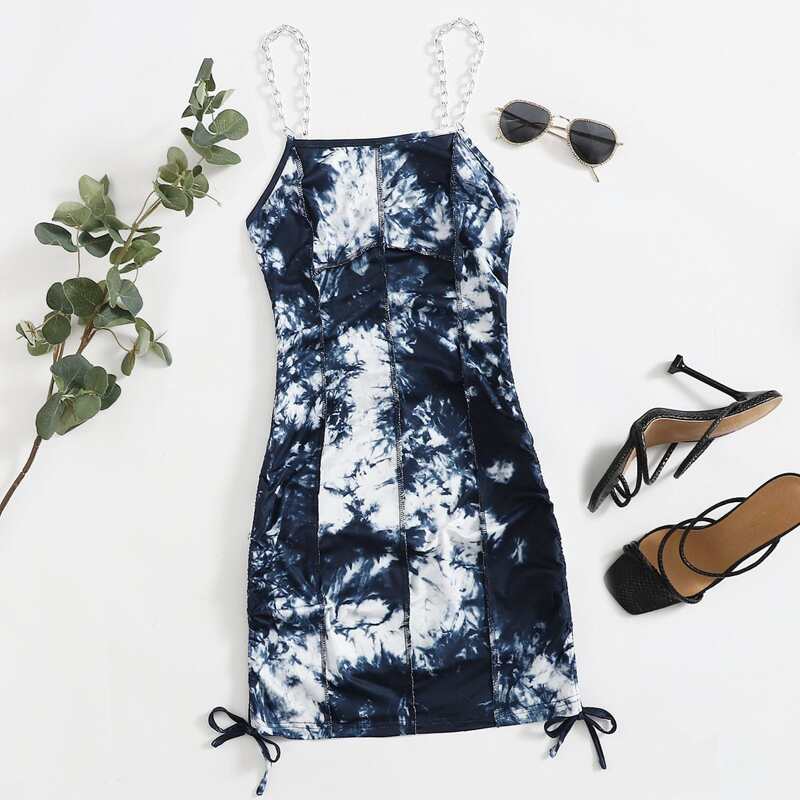 

Chain Strap Drawstring Side Tie Dye Dress, Multicolor