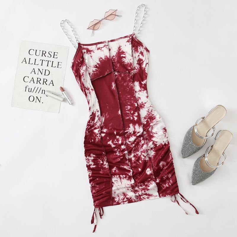 

Chain Strap Drawstring Side Tie Dye Dress, Multicolor