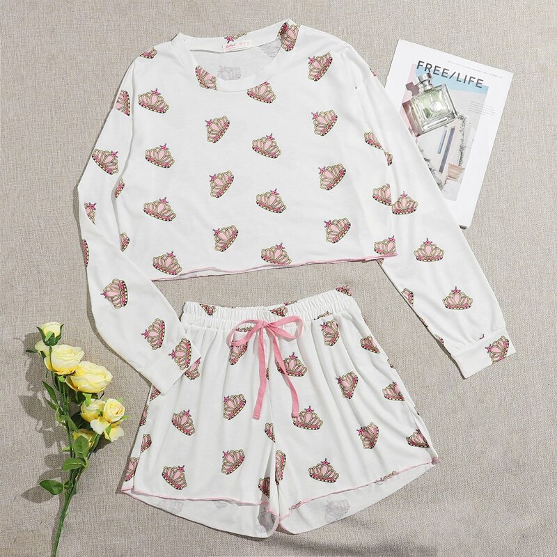 

Crown Print Shorts PJ Set, White