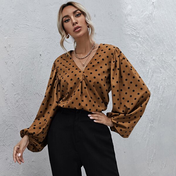 

Lantern Sleeve Polka Dot Top, Brown