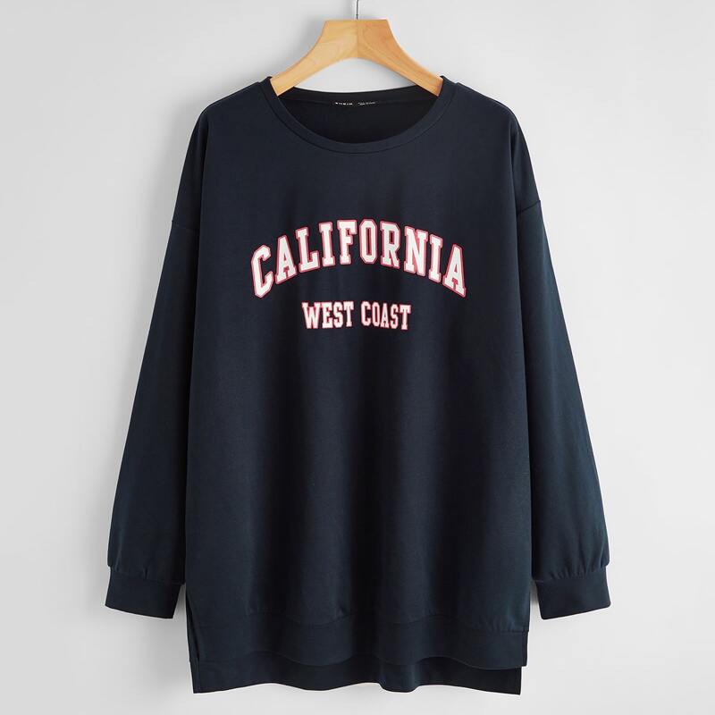 

Drop Shoulder Split High-low Hem Letter Graphic Pullover, Navy blue