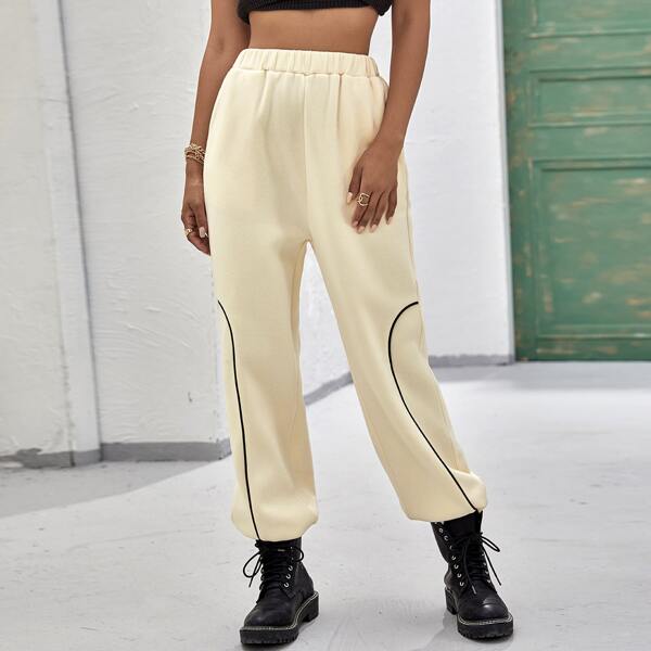 

Elastic Waist Contrast Piping Joggers, Beige