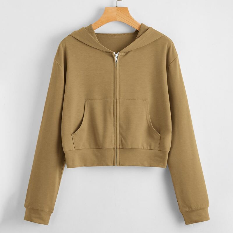 

Zipper Front Patch Pocket Crop Hoodie, Camel
