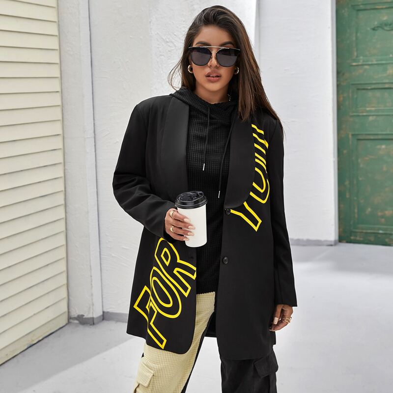 

Shawl Collar Letter Graphic Blazer, Black
