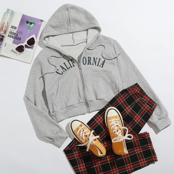 

Letter Graphic Zipper Front Drawstring Crop Hoodie, Light grey