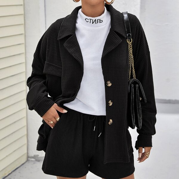 

Drop Shoulder Flap Pocket Textured Coat, Black