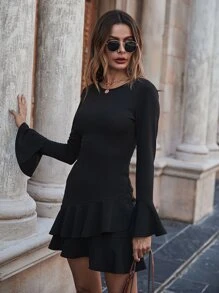 Ruffle Hem Flounce Sleeve Dress - Black - View 6