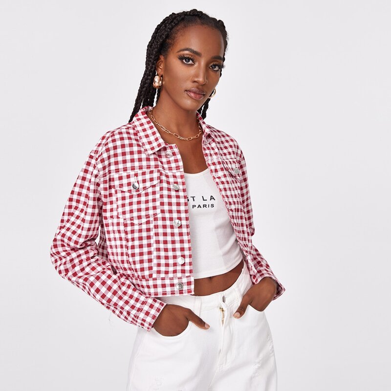 

Flap Pocket Gingham Crop Denim Blouse, Red and white
