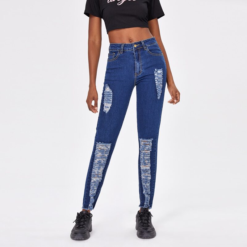 

Zipper Fly Ripped Detail Jeans, Medium wash